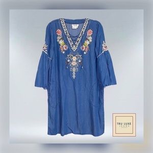 👗 TRU LUXE JEANS || Chambray Embroidered Lace-Up Dress-
